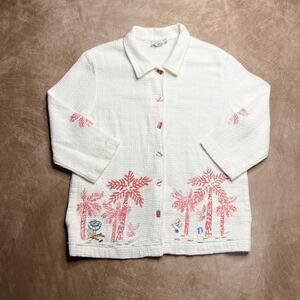 Graff Vintage Hand Painted Beach Button Up Shirt White Textured 3/4 Sleeve Boho